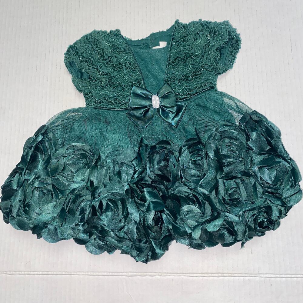 Nanette Baby Green Formal Christmas Holiday Ruffle 3D Dress Size 0-3 Months